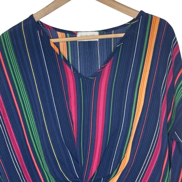 LAVENDER FIELD | Women's Multicolor Striped Long Sleeve Front Knot Top | Size L - Picture 2 of 12